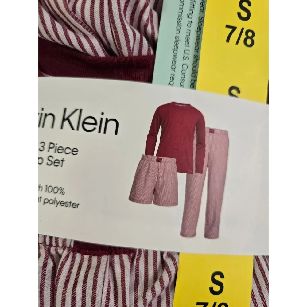 Calvin Klein Youth 3 Piece Sleep Set Tibetan Red Stripe Pajamas 7/8 1942380 NWT